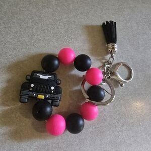Black and Pink Beaded Keychain with Jeep Charm